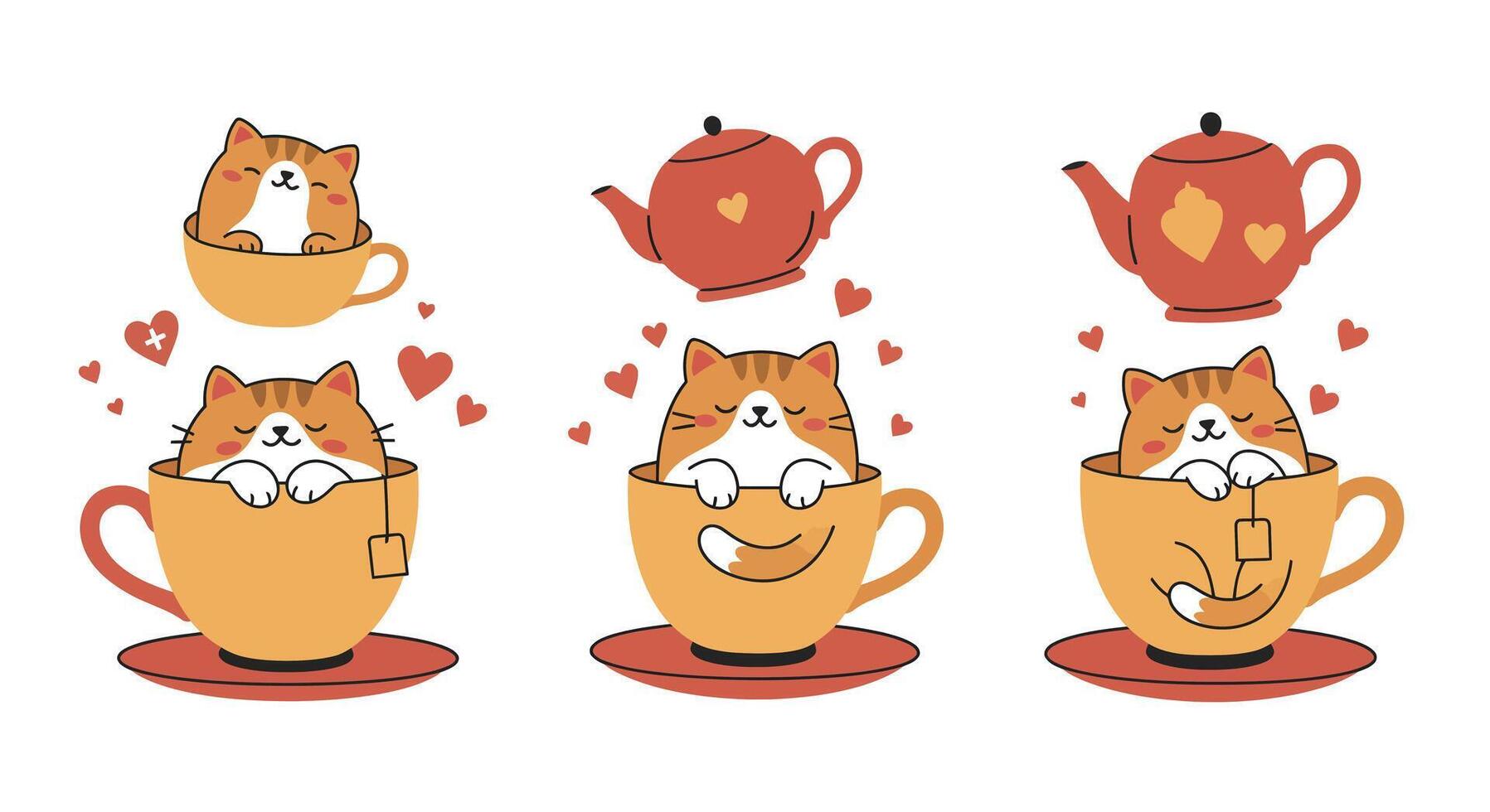 Cute cats in cups with teapot in flat style art vector