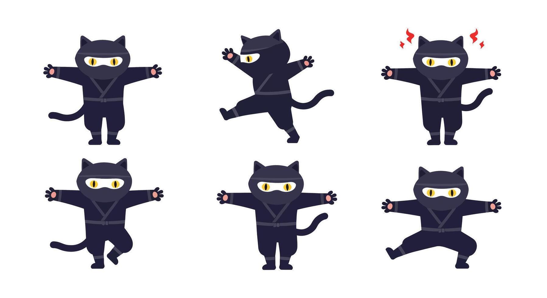 Cute black cat ninja character in playful poses flat art vector