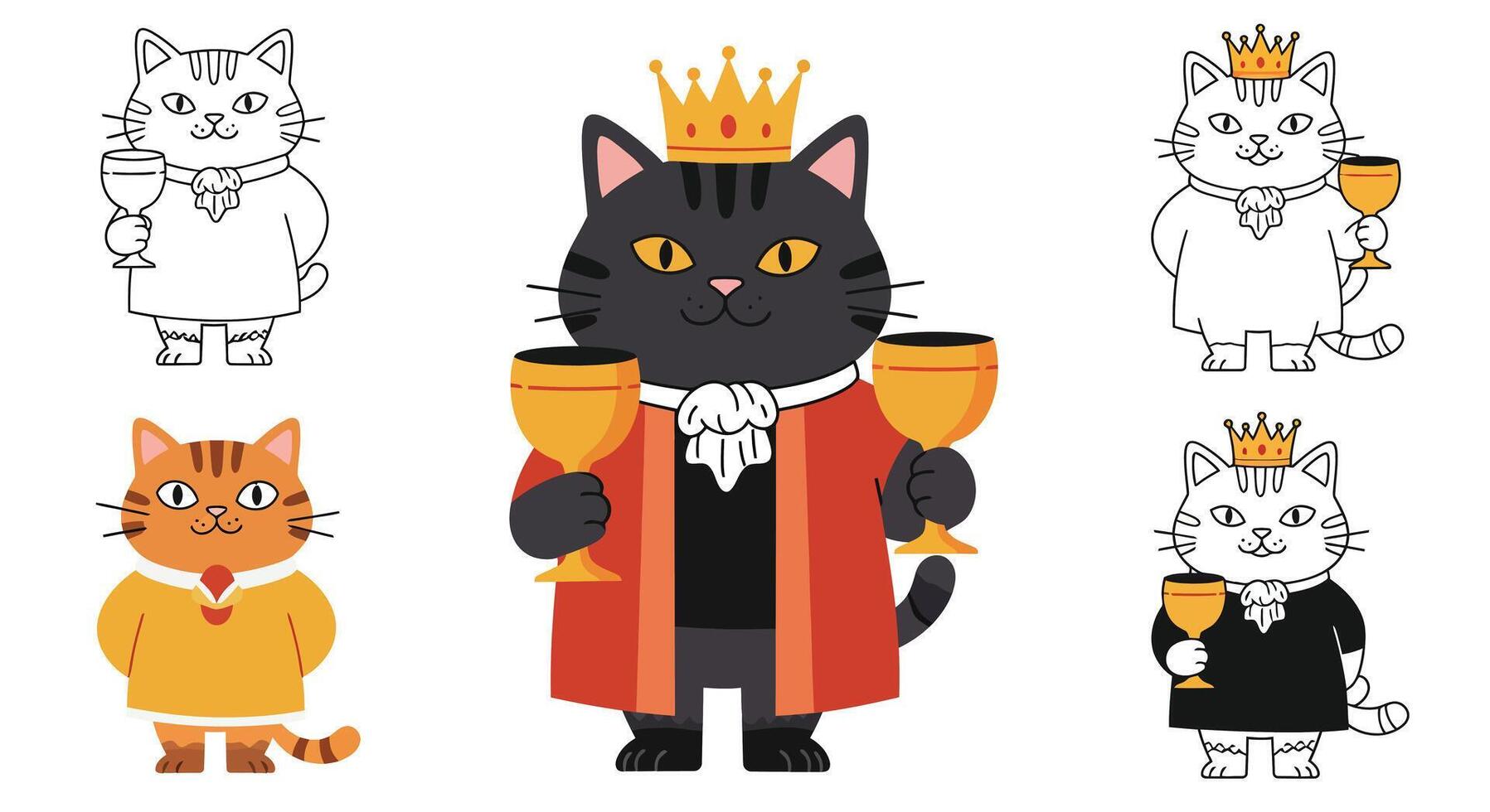 Cat characters transformation in minimal flat design showcasing regal elements in art vector