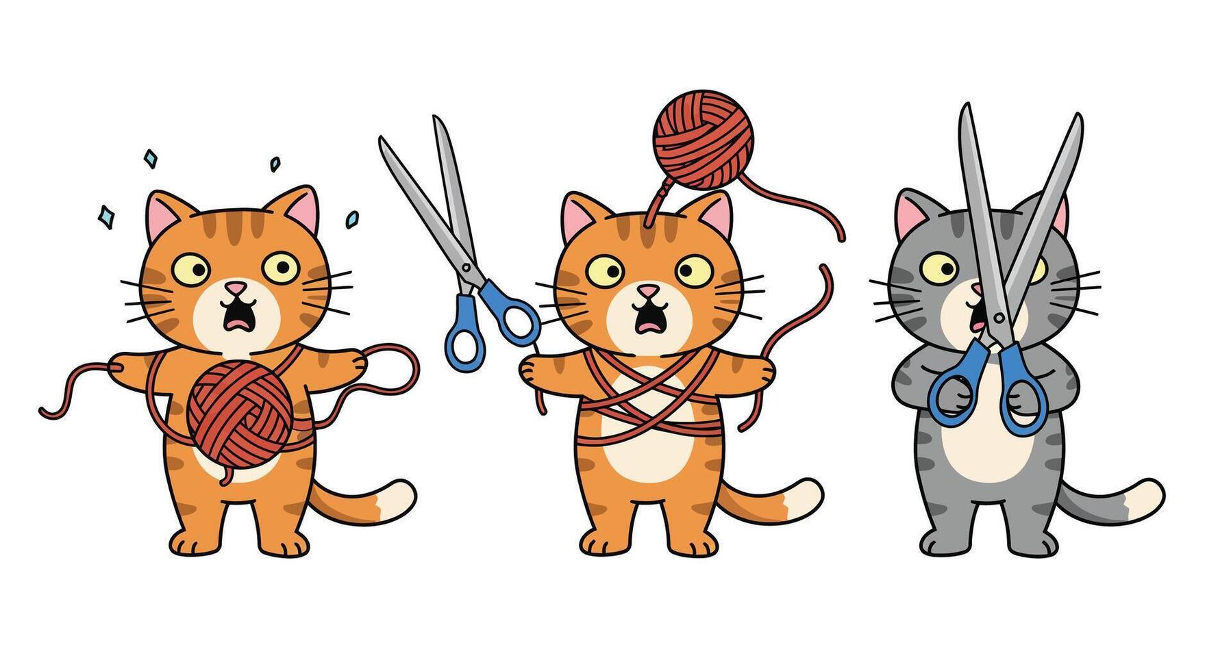 Cats in playful action with yarn and scissors in flat art vector