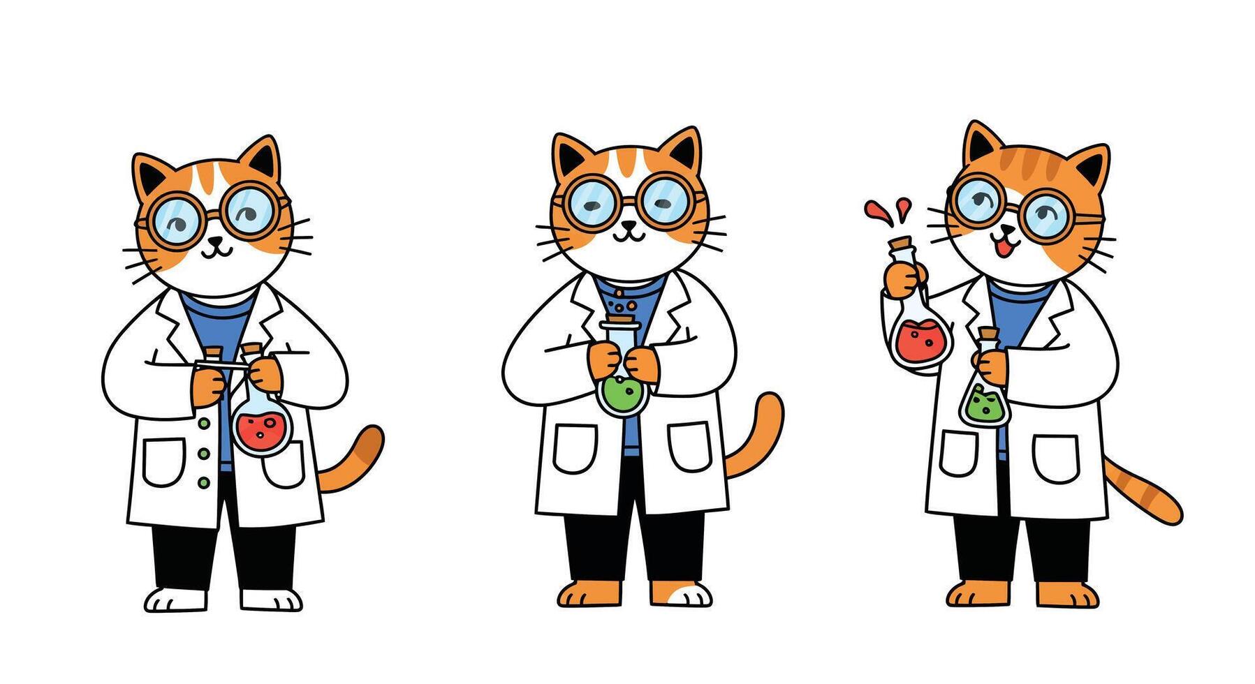 Cute cat scientist in white lab coat with glasses in flat art vector