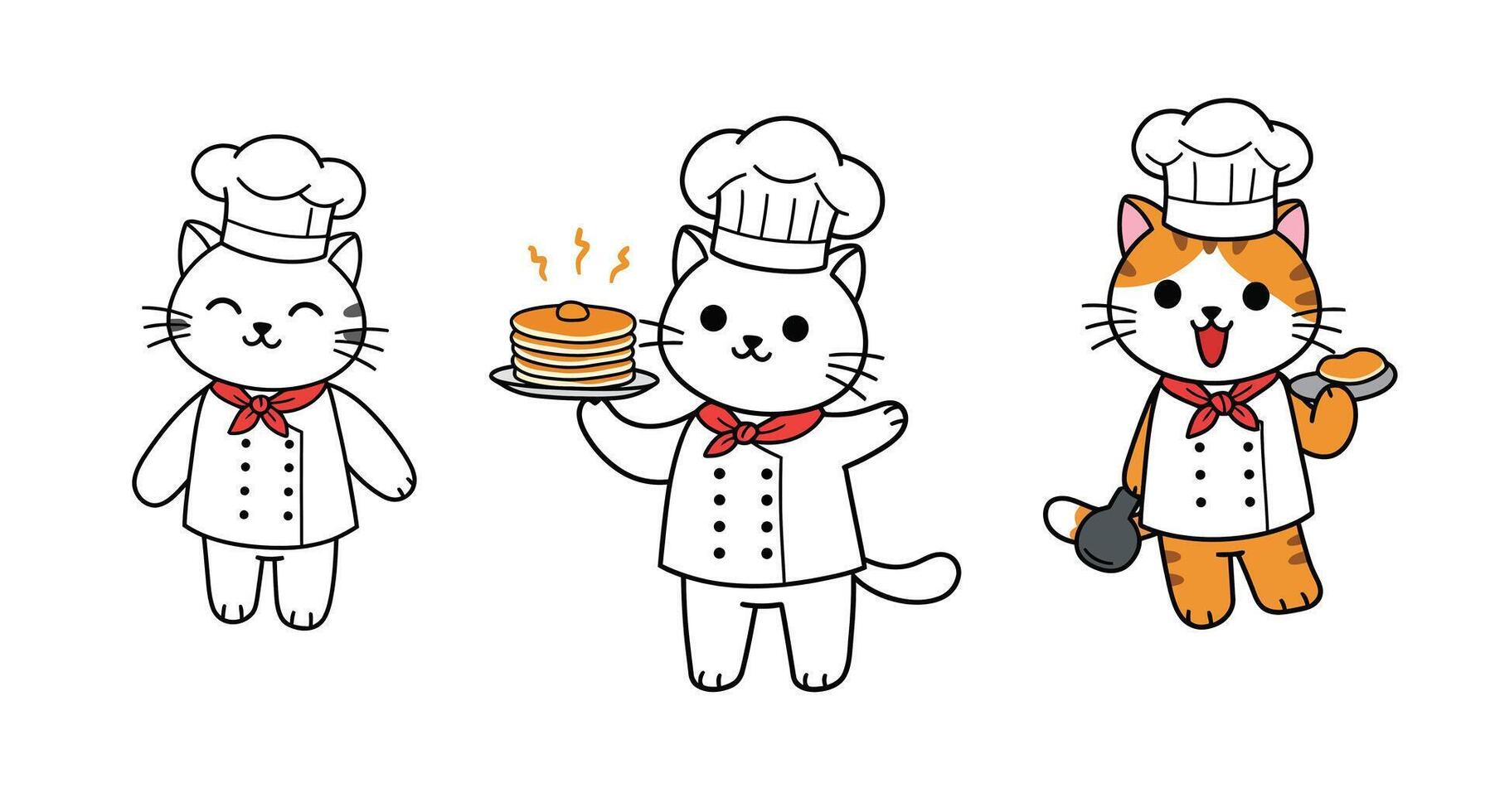 Cute cats in chef outfits preparing pancakes in flat art vector