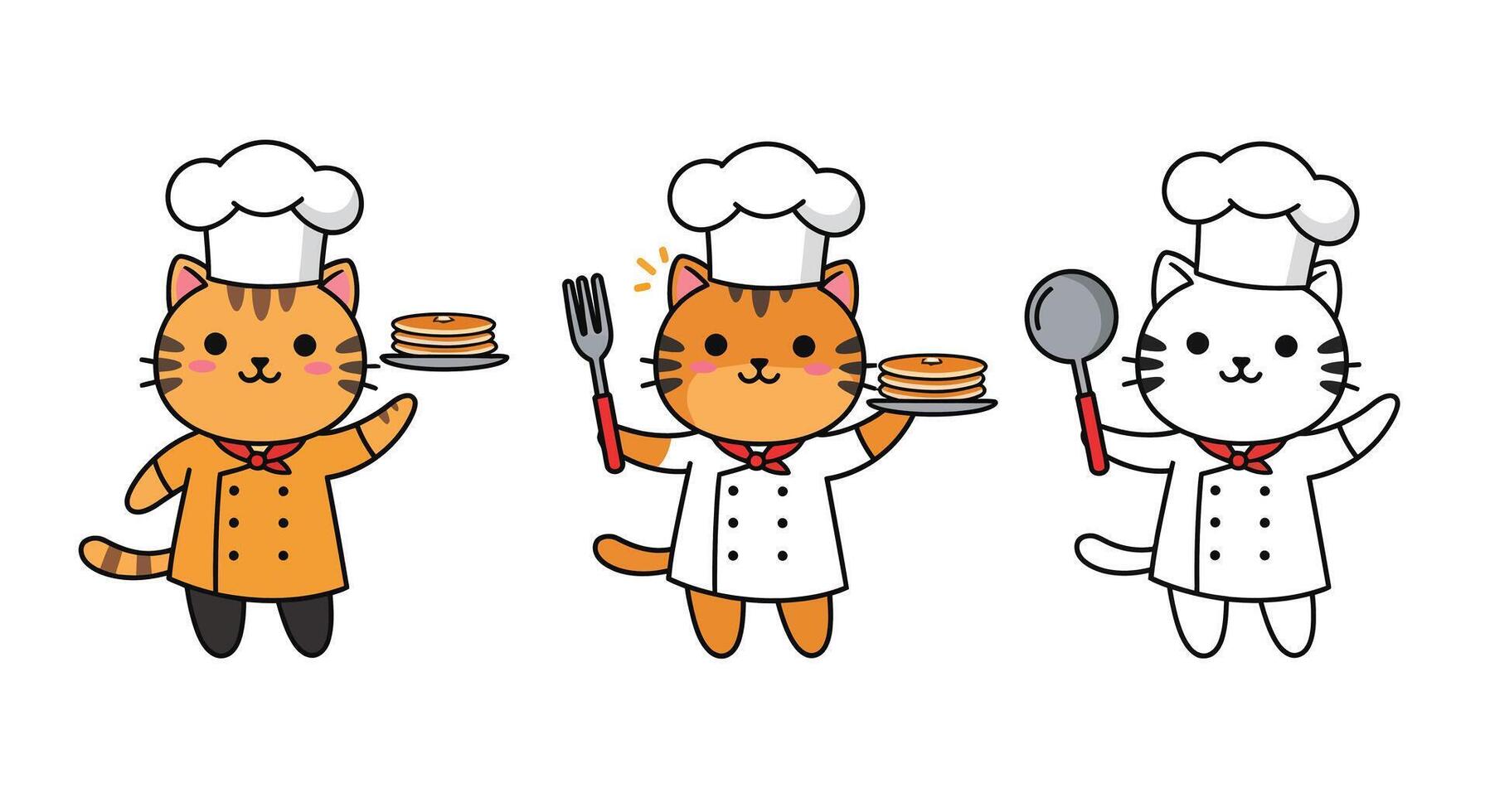 Cute cats wearing chef hats in a playful flat art style showcasing food preparation vector