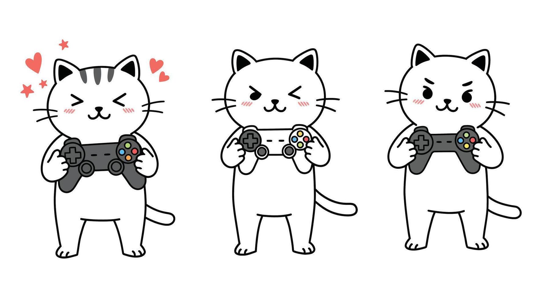 Cute cat character gaming with controller in flat art style vector