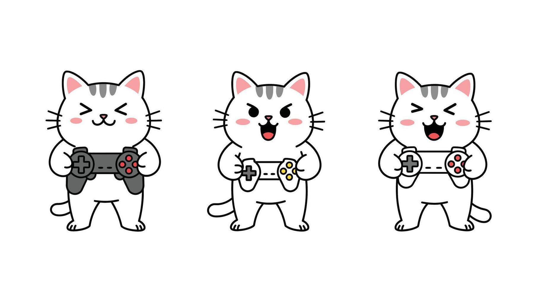 Playful cat character progression with game controllers in minimal illustration vector