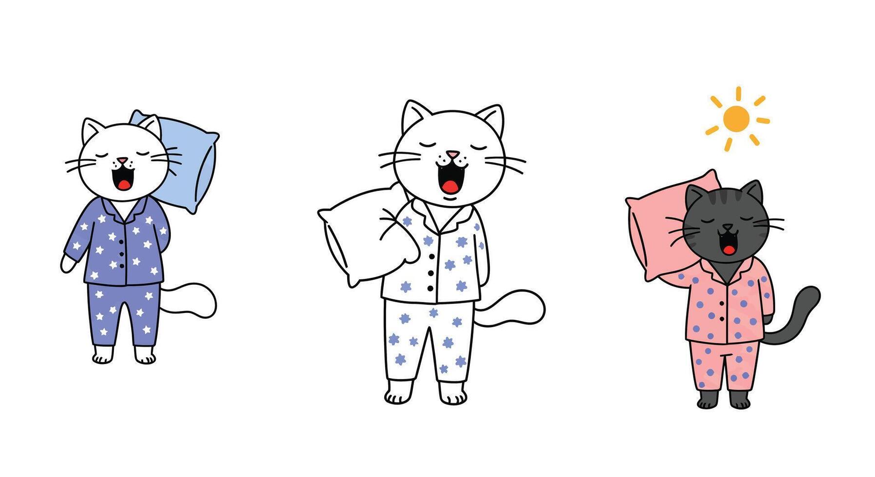 Happy cats in pajamas transitioning from night to day in flat illustration vector