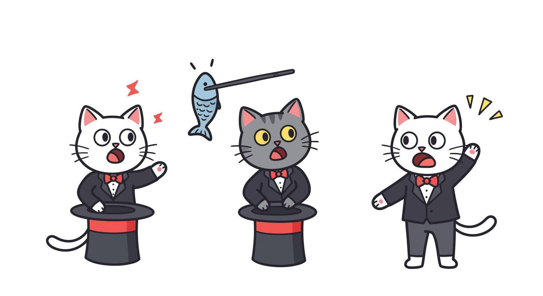 Cats performing magic tricks in flat cartoon style art and vector