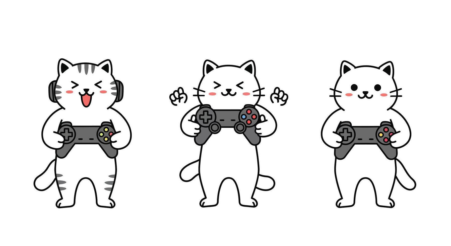 Cute cat characters with game controllers in flat illustration style vector