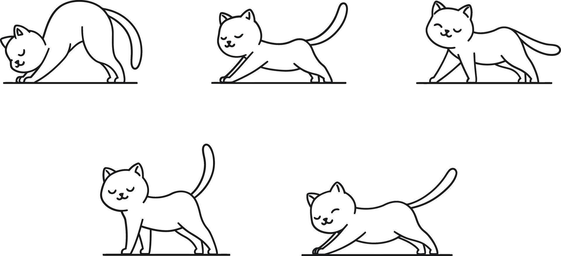 Cat stretching in various poses illustrated in minimal flat art vector