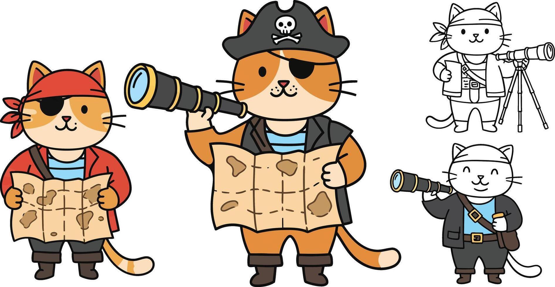 Pirate cats exploring treasure maps in a playful flat illustration vector