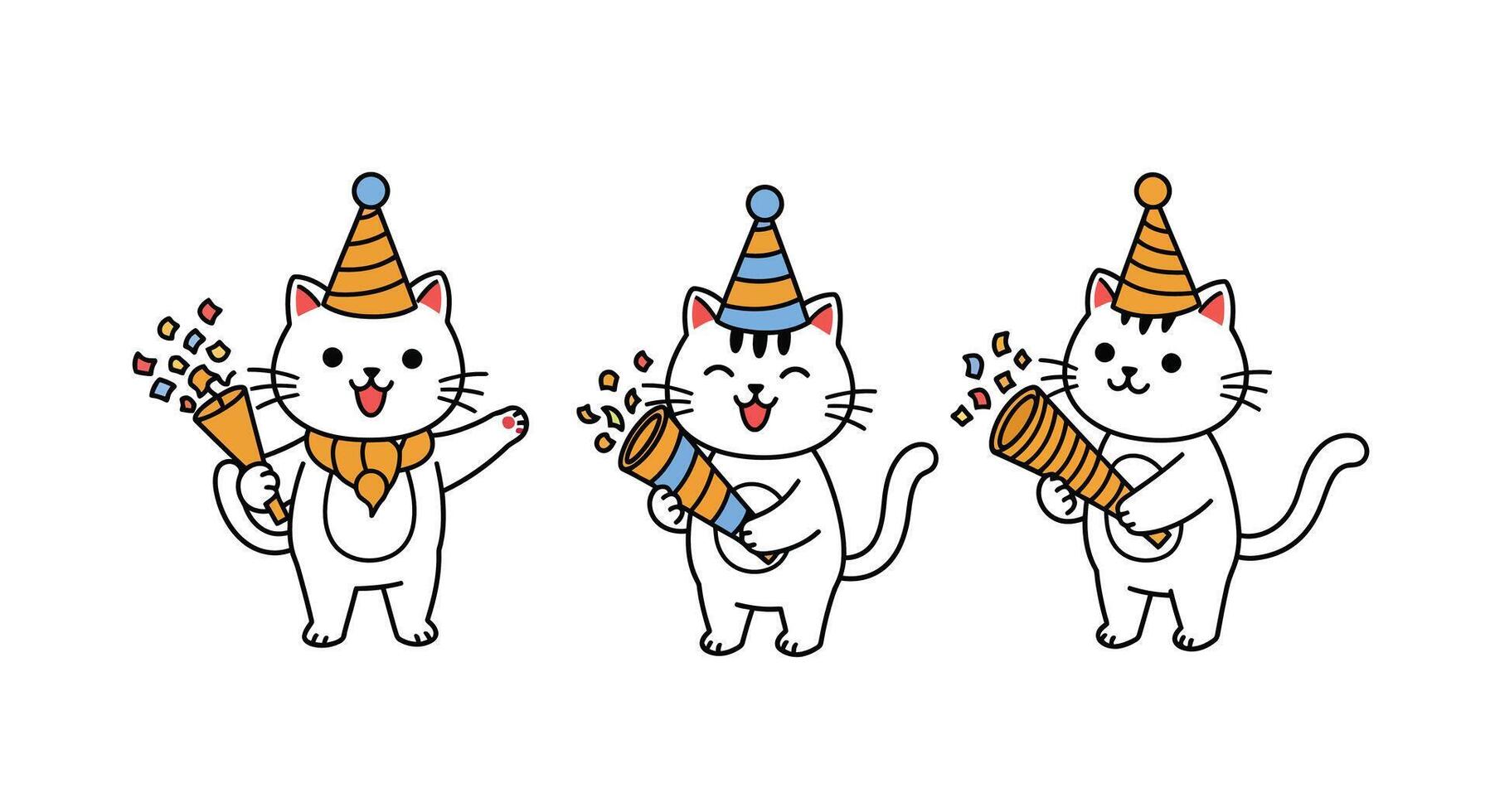 Playful cats celebrating with party hats in flat illustration vector