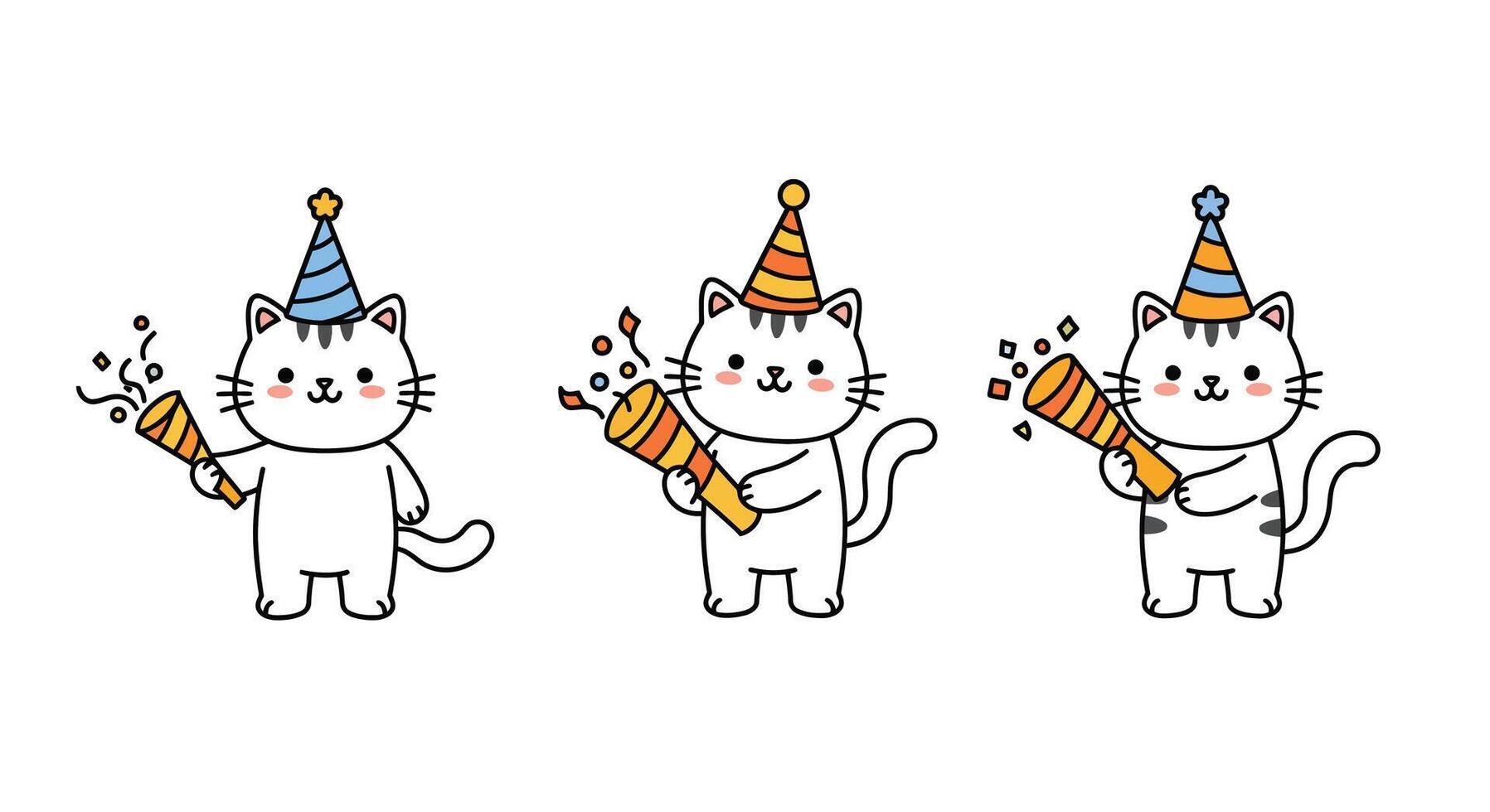 Cute cats celebrating with party hats in a cheerful flat illustration vector