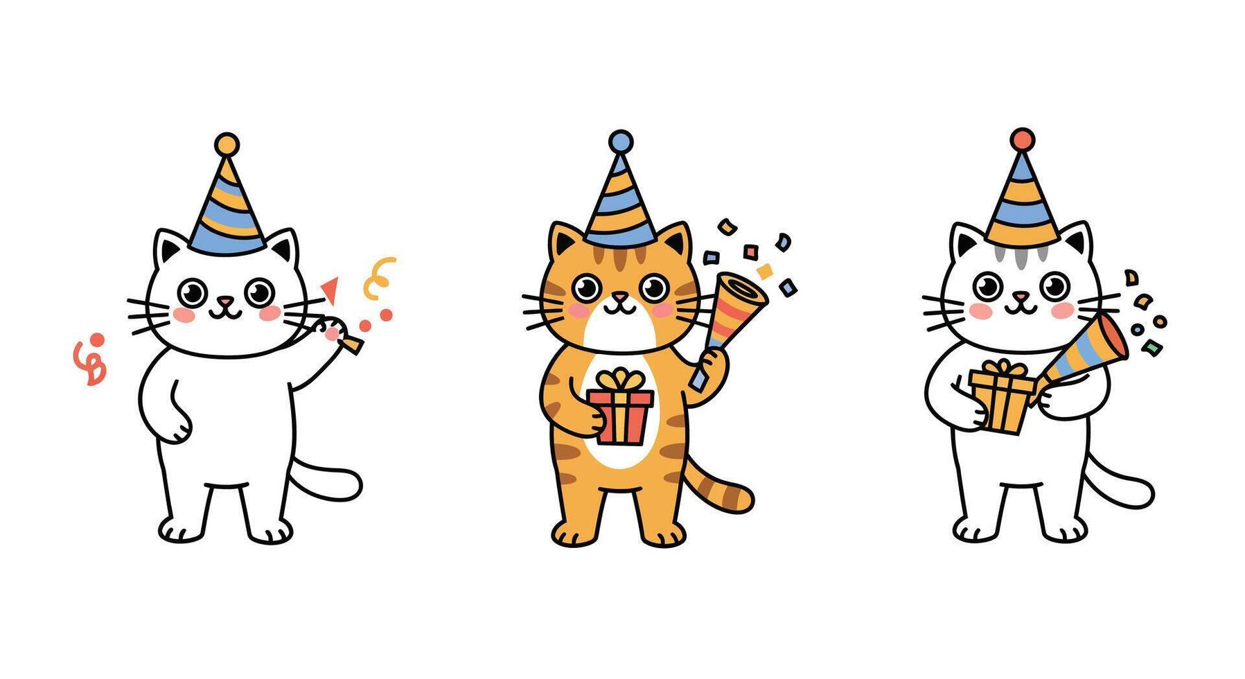 Cute cats celebrating with gifts and party hats in playful flat art vector