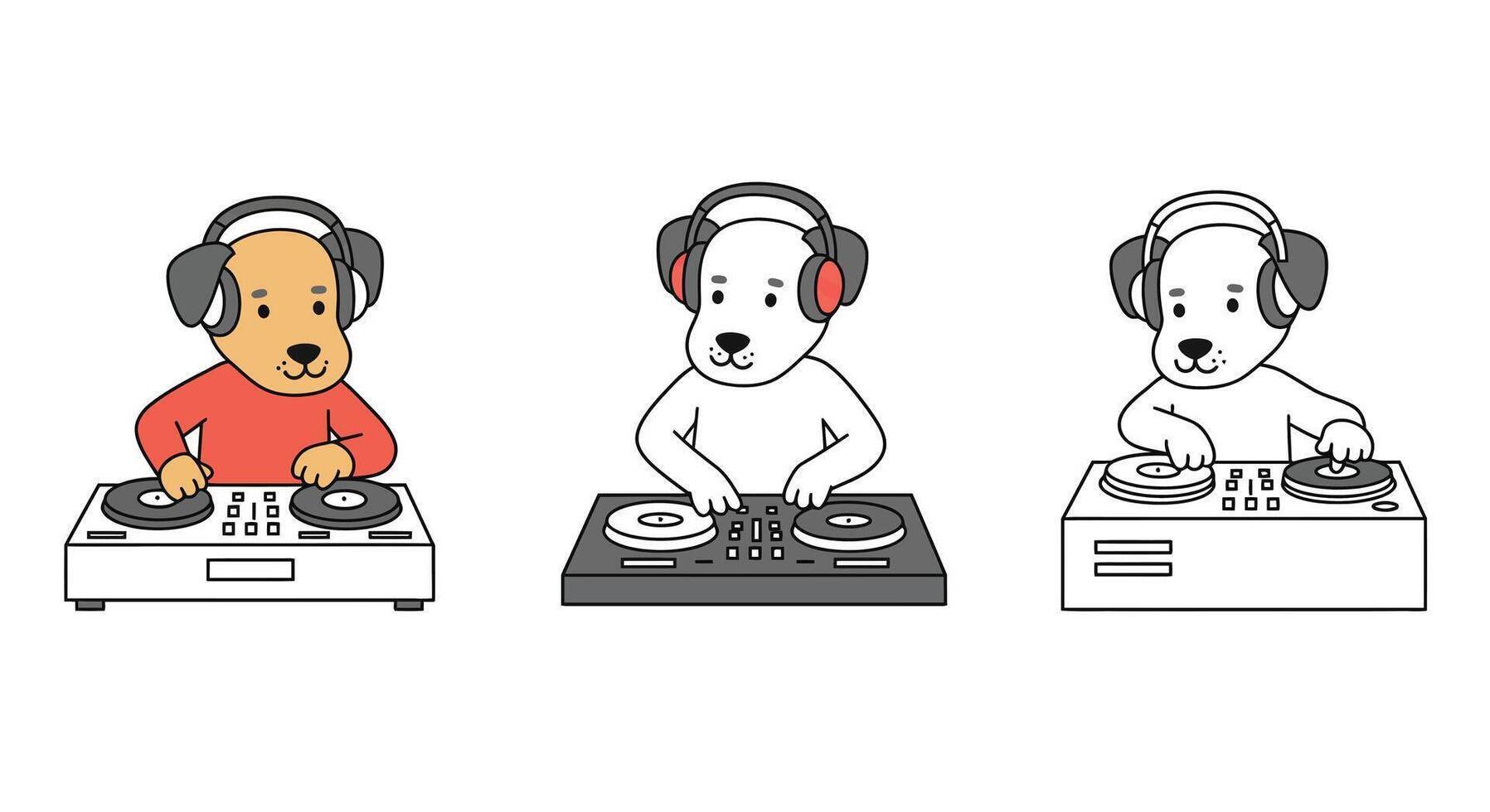 Dog DJ in three frames showcasing flat art style with colorful and monochrome designs illustration vector