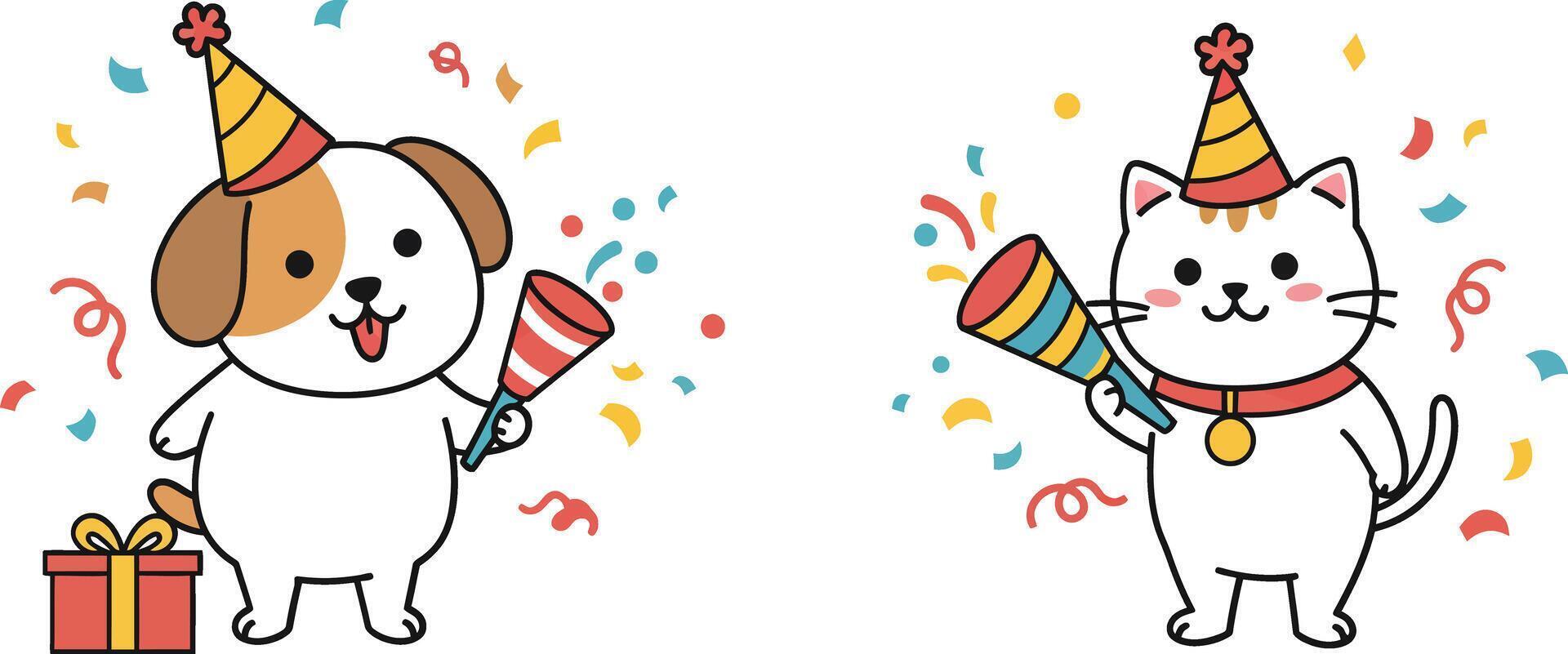 Cute dog and cat celebrating with party hats in flat art vector