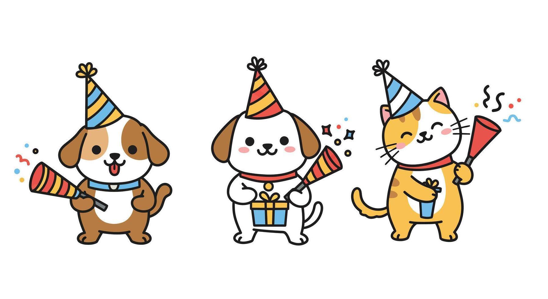 Cute animals celebrating with party hats in a playful flat illustration vector