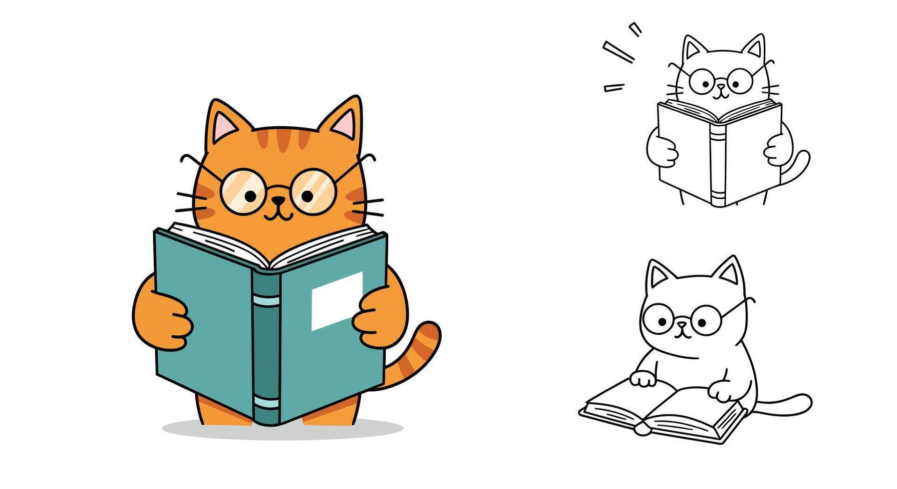 Cute orange cat reading a book in flat and colorful art vector