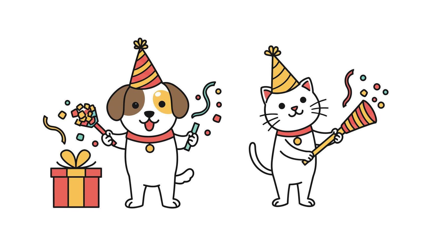 Happy dog and cat celebrating with festive hats in a flat illustration vector