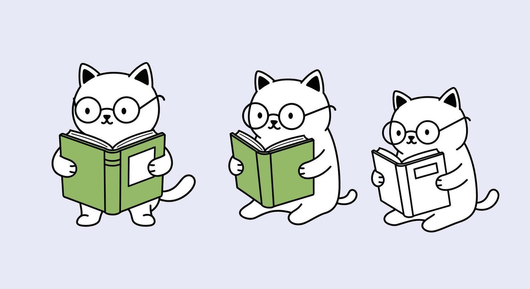 Cute cats reading books in minimal illustration with playful expressions and varying book colors art vector