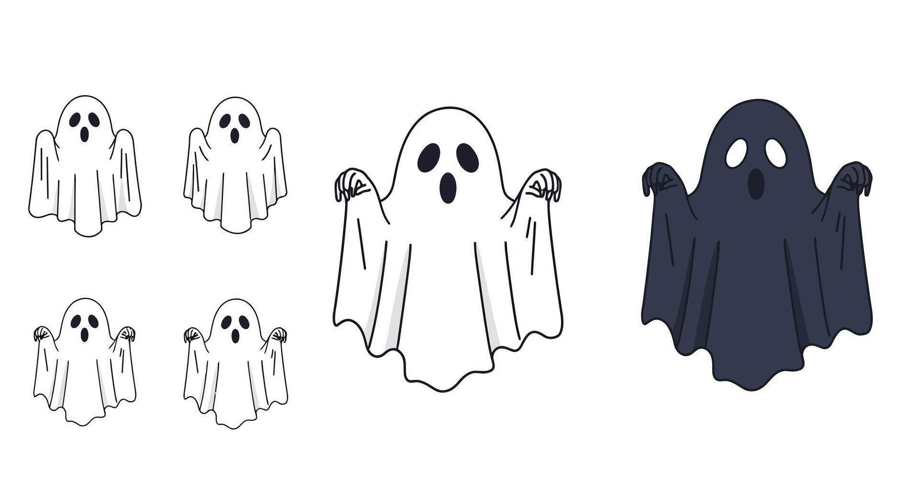 Ghost character transformation from minimal outline to detailed flat illustration vector