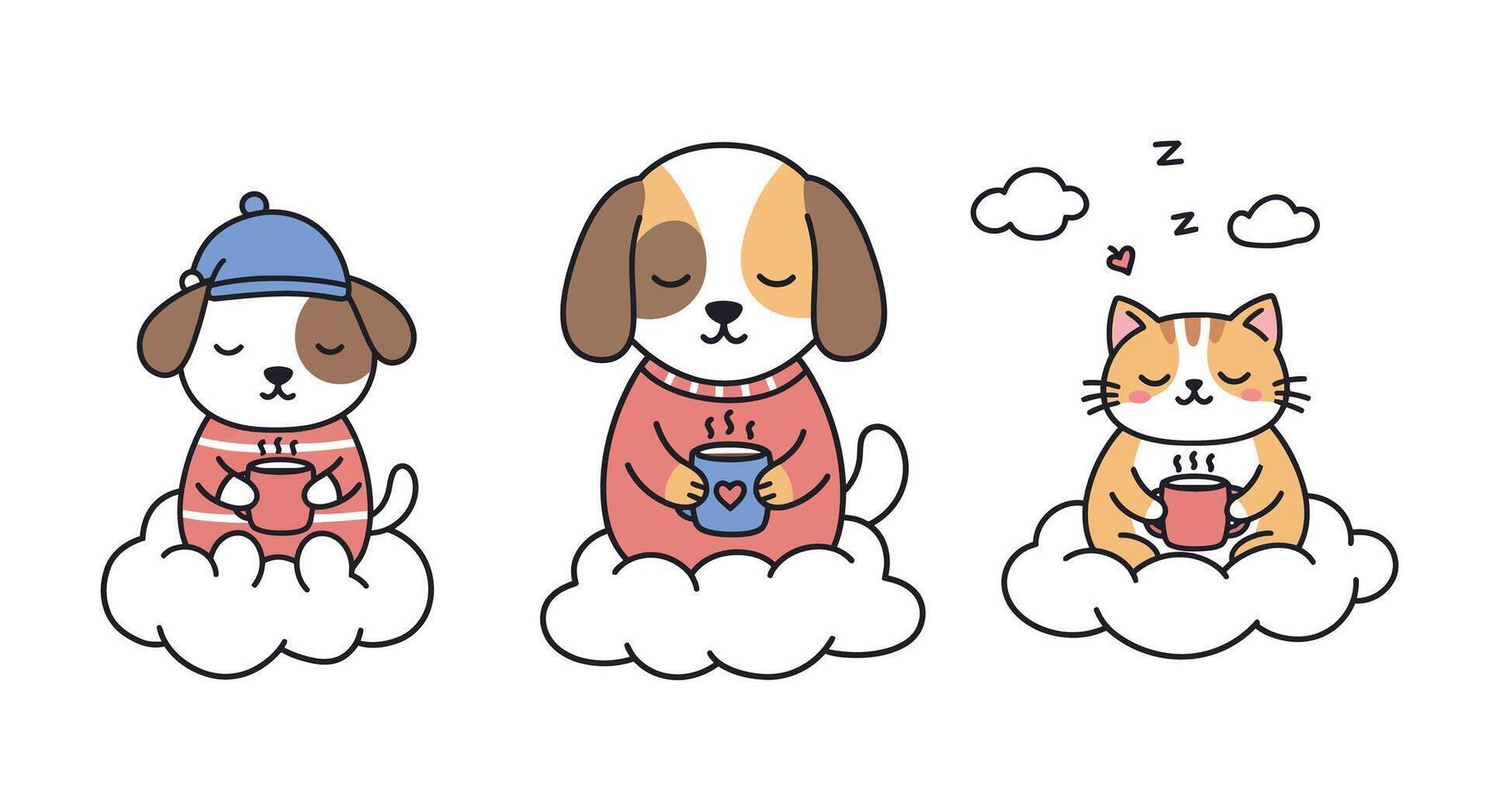 Cute animals relaxing on clouds in minimal illustration style vector