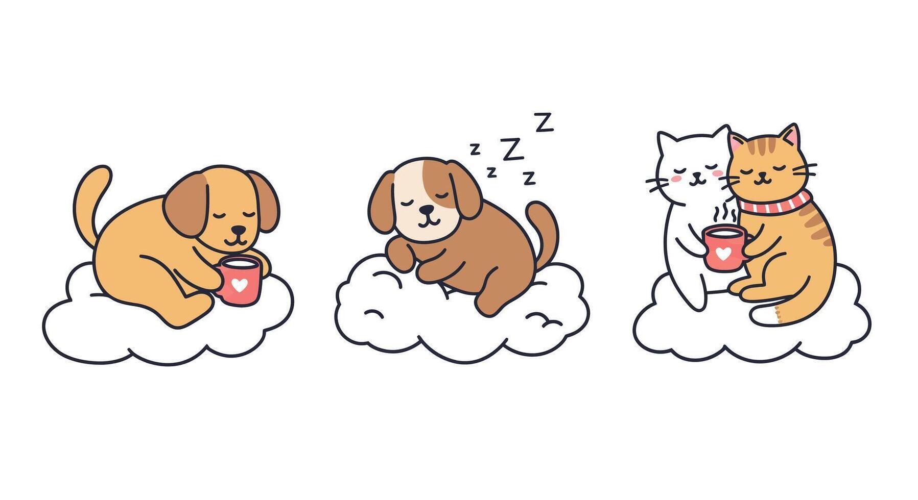 Happy pets enjoying drinks on clouds in minimal flat illustration vector