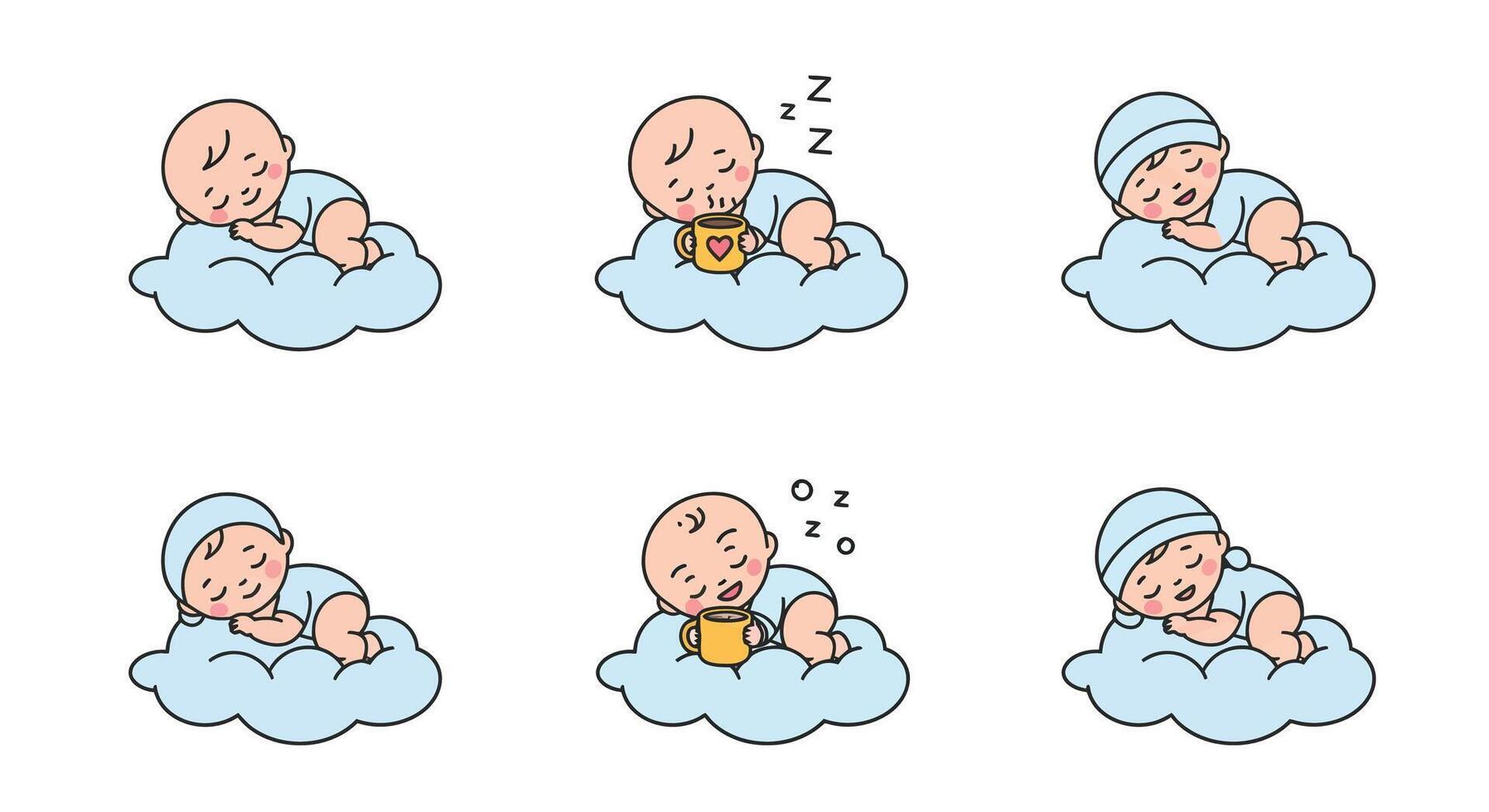 Sleeping baby on cloud in flat style illustration with peaceful expressions and playful elements vector