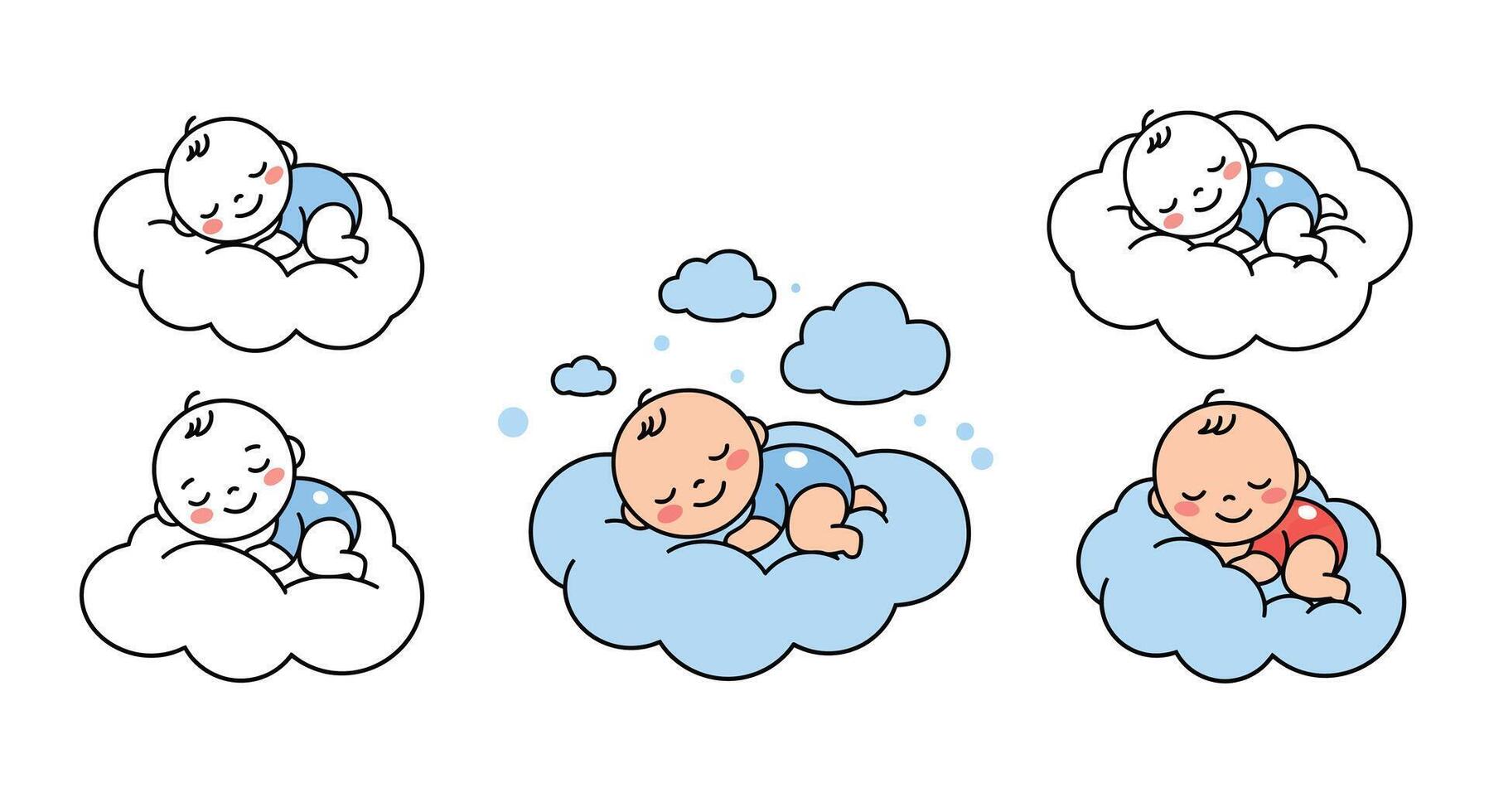 Cute baby sleeping on clouds in minimal illustration style with cheerful expressions and playful elements art vector