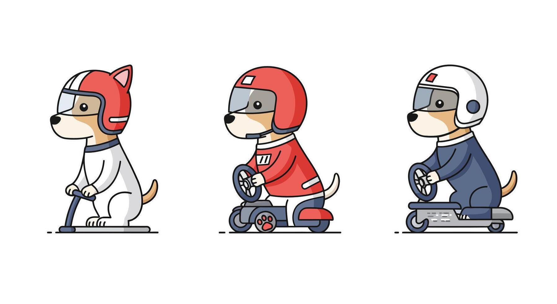 Dogs in racing helmets riding scooters in flat and colorful art vector