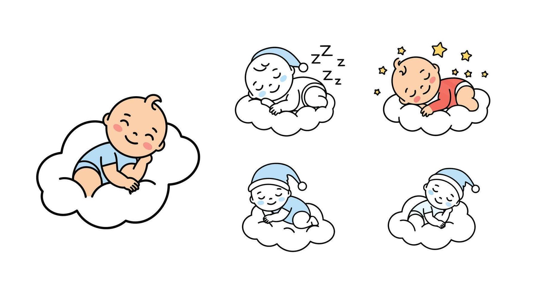 Baby sleeping peacefully on cloud with playful expressions in flat art vector