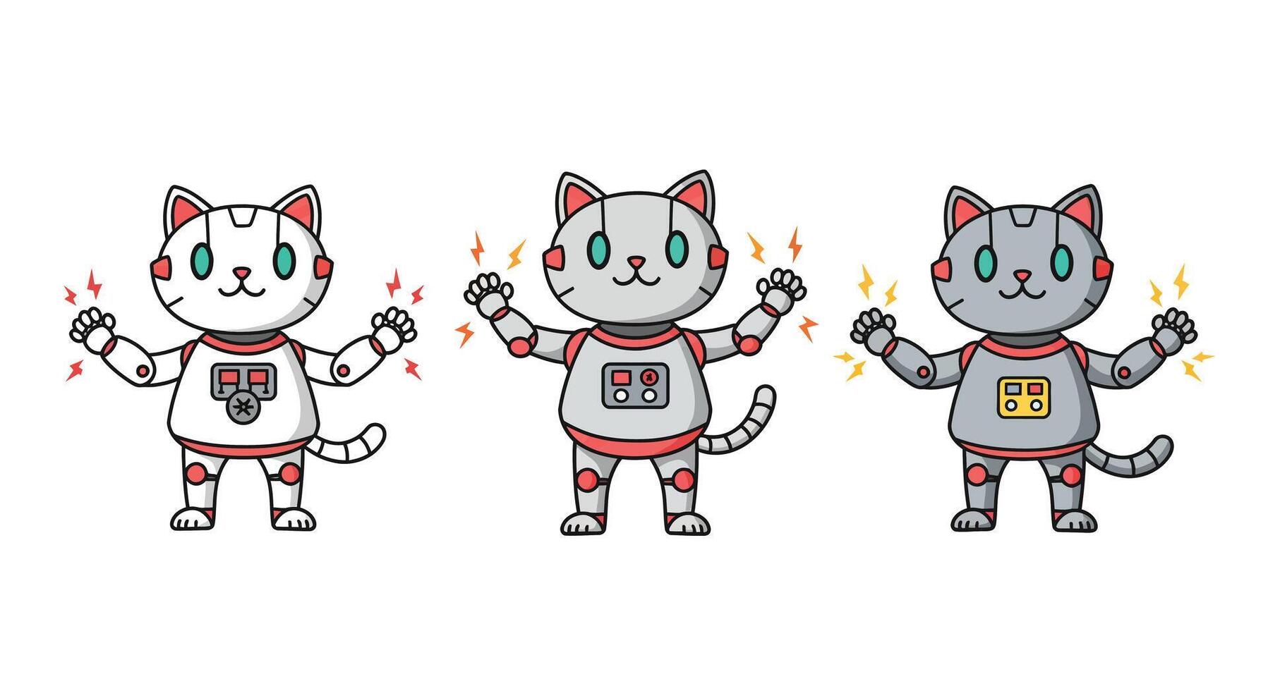 Cute robotic cat character transformation in flat art style with playful expressions vector