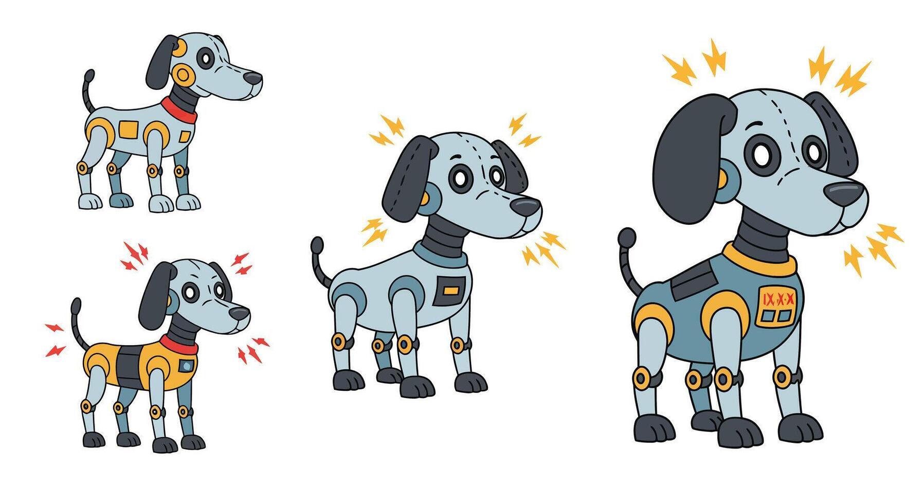 Robotic dog transformation in colorful flat art showcasing mechanical features and expressions in illustration vector