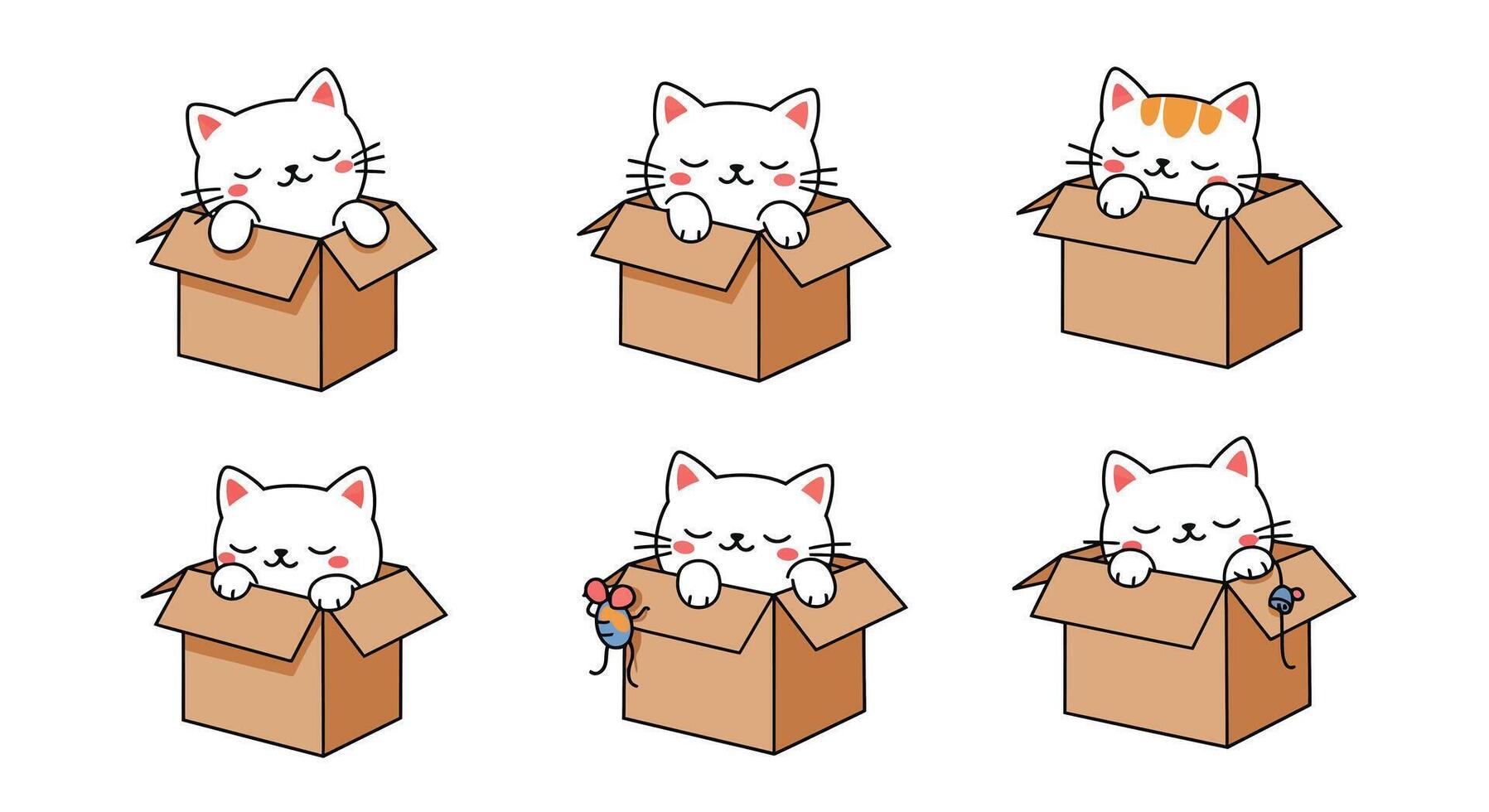 Cute cats playfully emerging from cardboard boxes in flat art vector