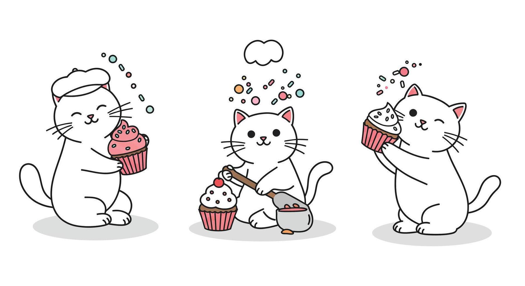 Cute cats baking and enjoying cupcakes in a flat illustration vector