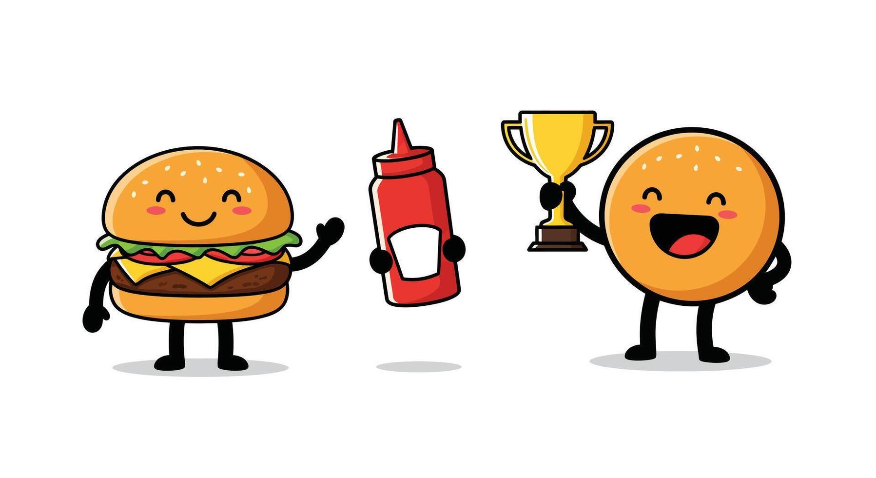 Happy hamburger and ketchup bottle celebrating with trophy in minimal illustration vector