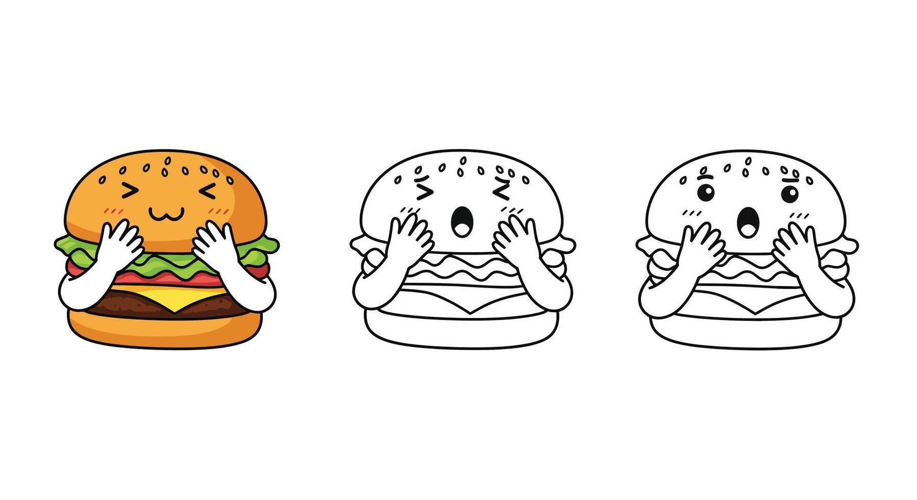 Happy burger character expressing emotions in flat design illustration vector