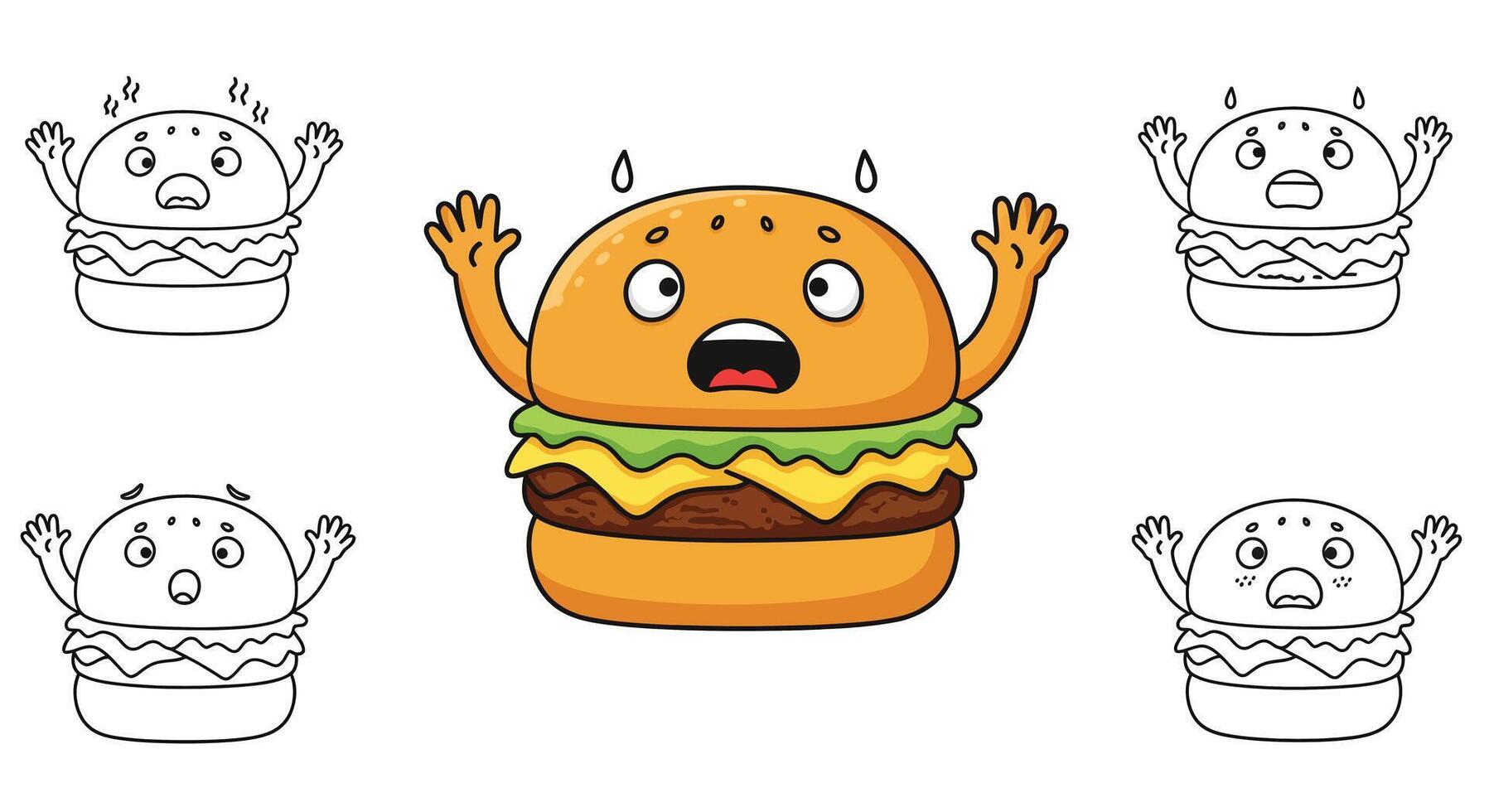 Surprised cartoon hamburger expressing fear in minimal flat art vector