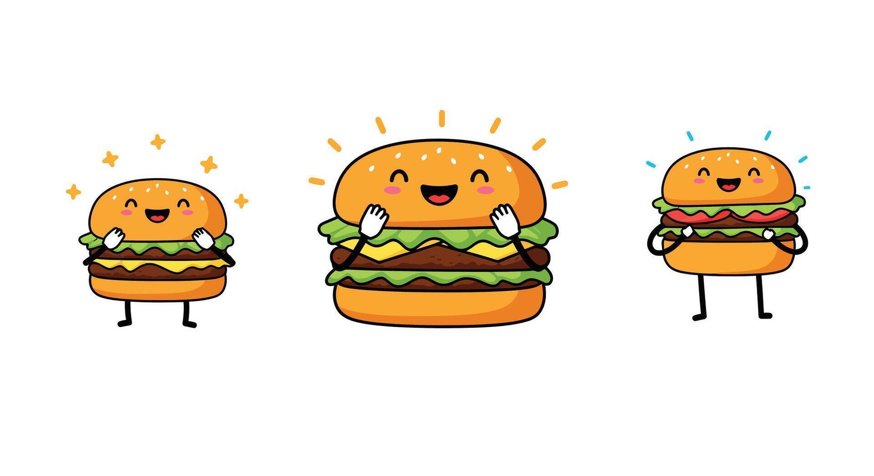 Cute smiling hamburgers in flat design style showcasing excitement in art vector