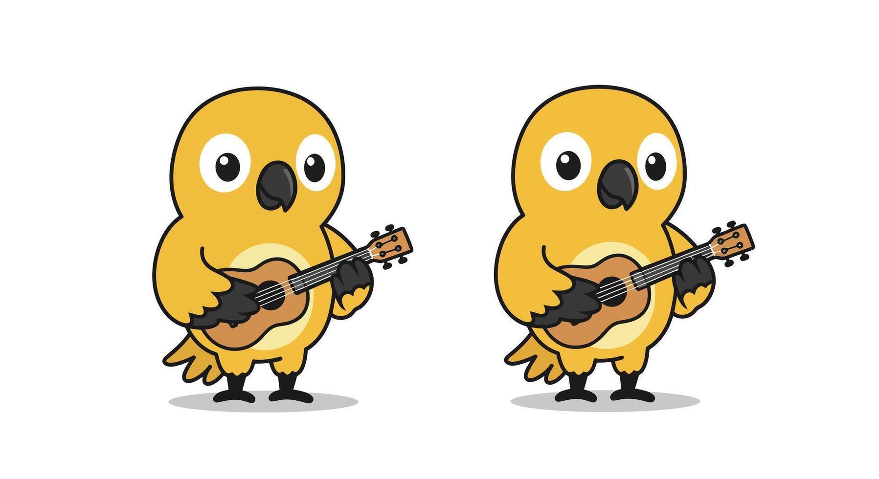 Cute yellow bird with ukulele in flat art style for digital illustration vector