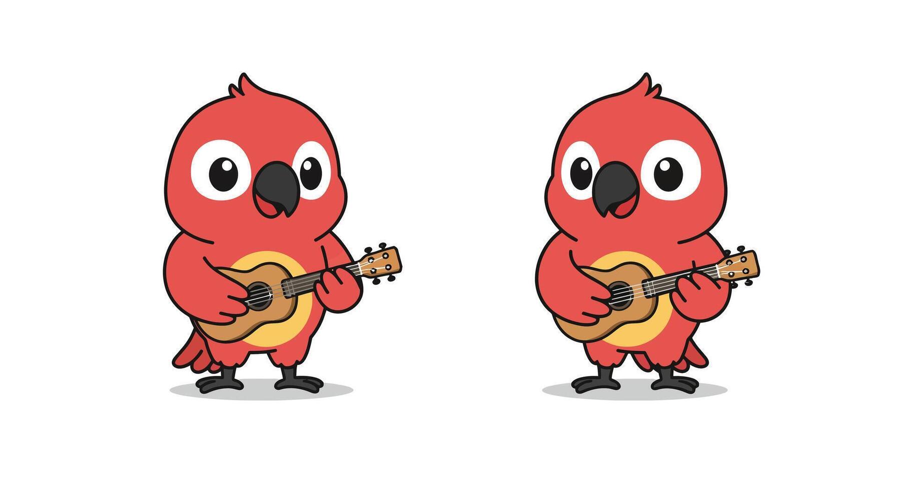 Cartoon-style red bird playing ukulele in flat art illustration vector