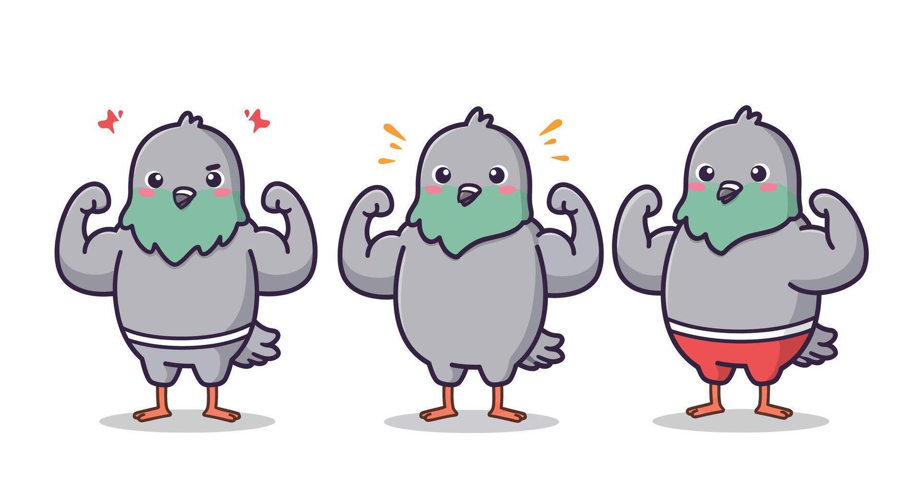 Strong cartoon pigeons showcasing different emotions in flat art vector