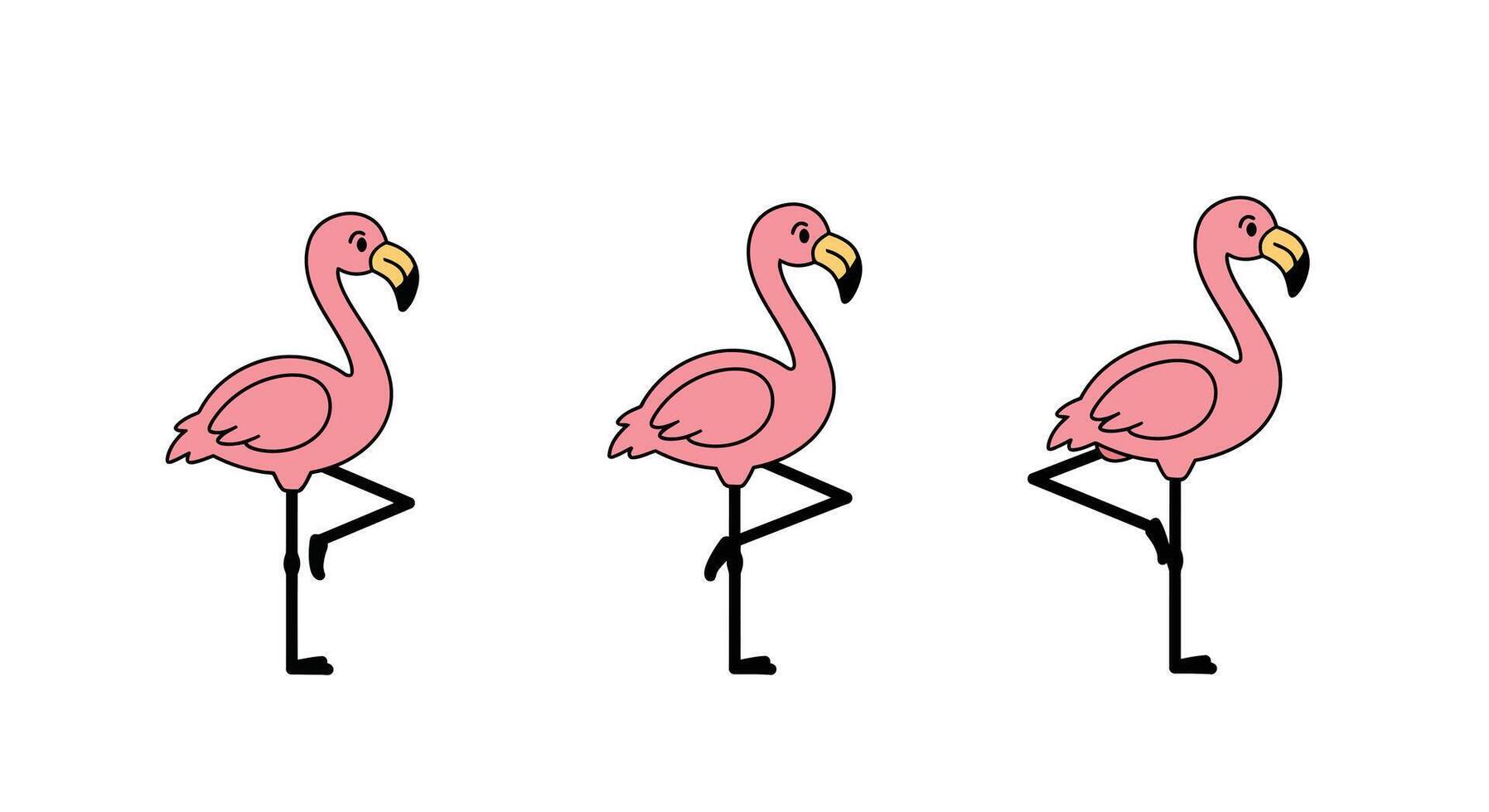Pink flamingos standing on one leg in a playful sequence flat art vector