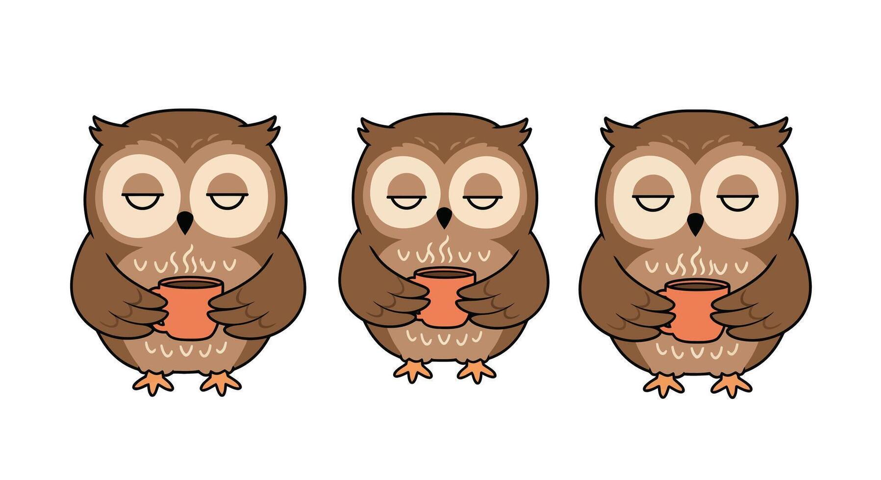 Cute owls enjoying warm drinks in flat and colorful illustration vector
