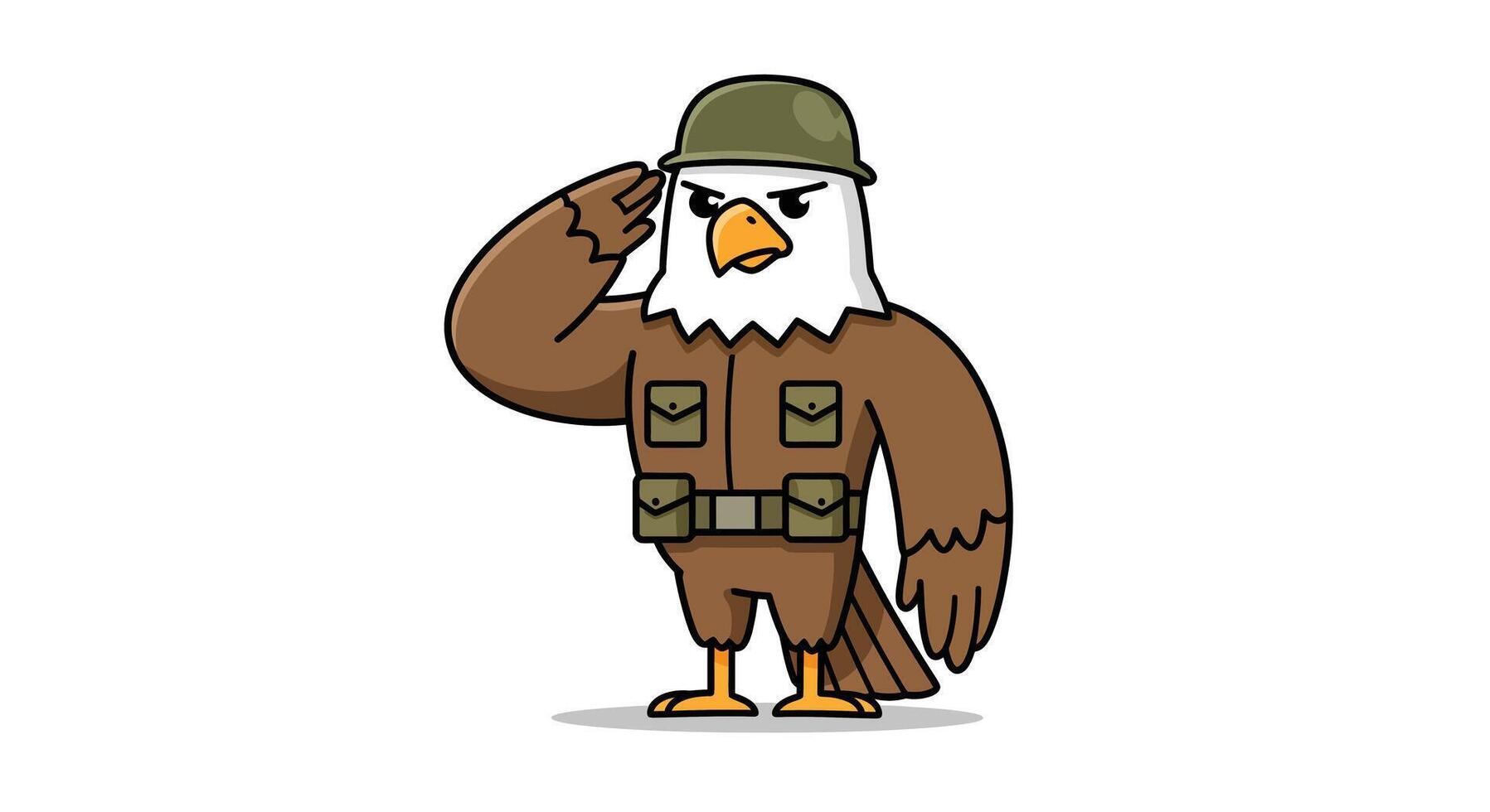 Cartoon eagle character in military uniform performing a salute in flat art vector