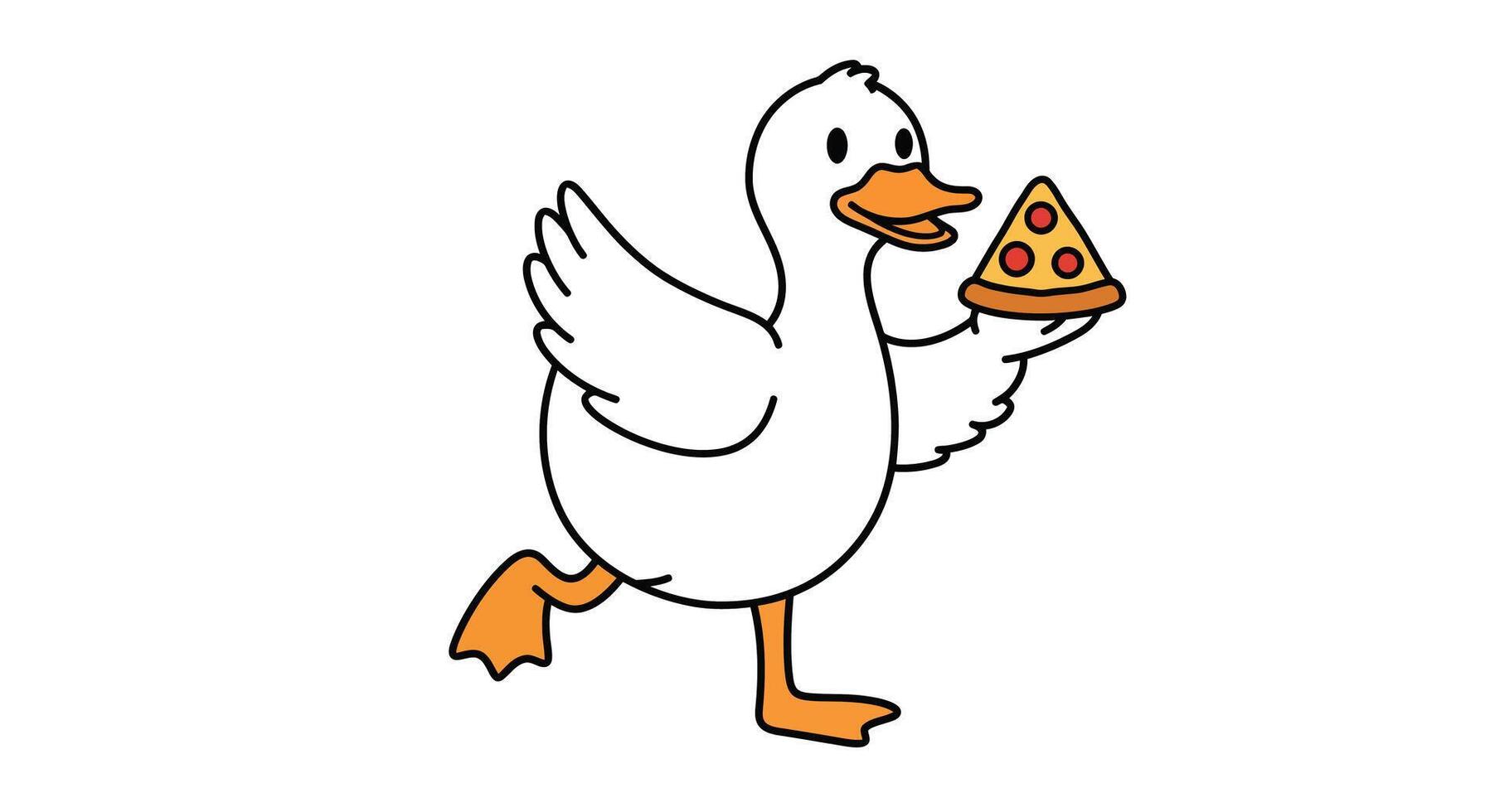 Playful duck carrying a slice of pizza in flat art style vector