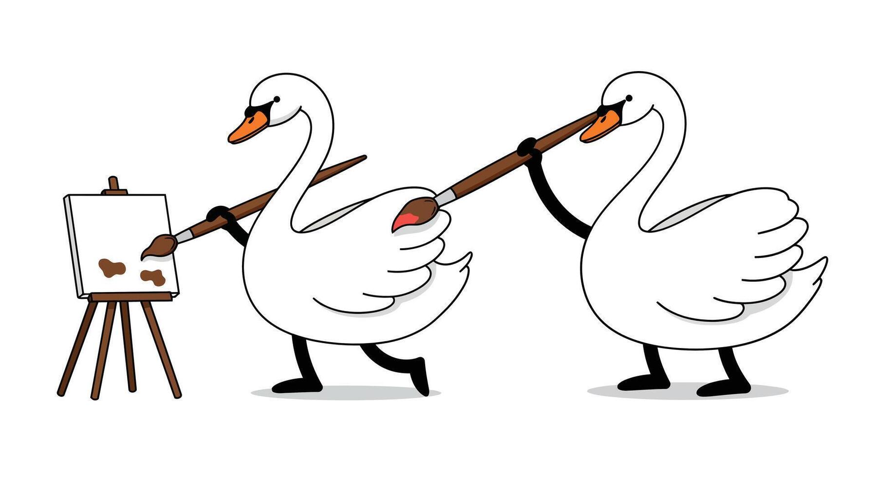 Two swans painting together in a playful flat illustration vector