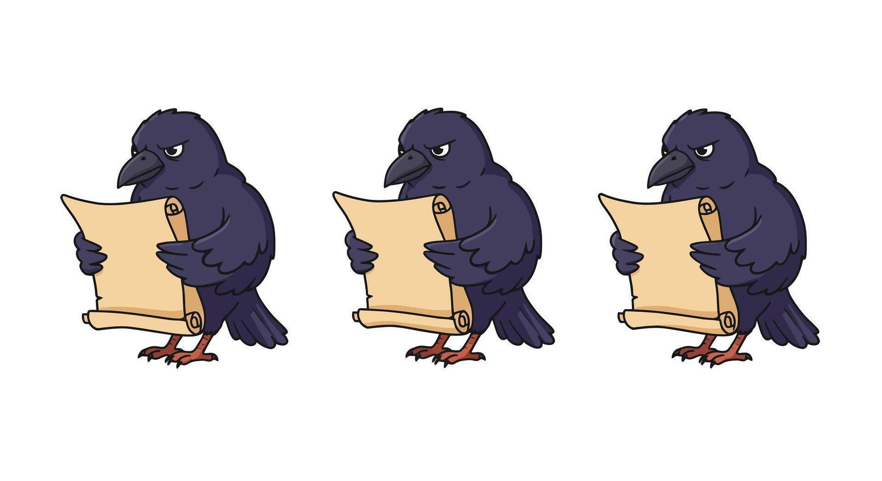 Three playful crows reading scrolls in minimal flat art vector