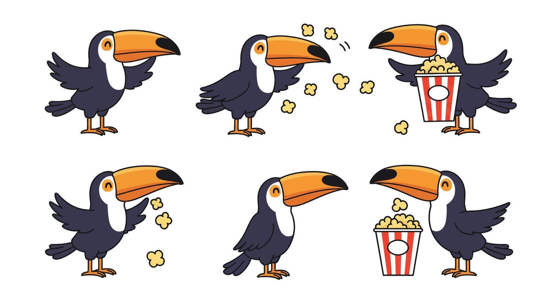 Animated toucan character enjoying popcorn in flat design art vector