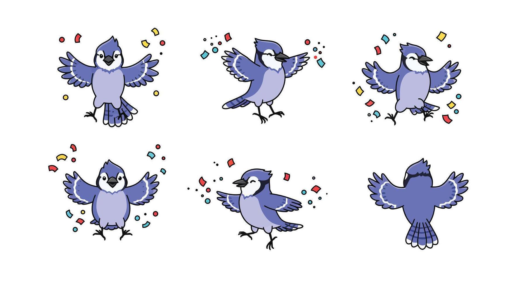 Bluebird character design in playful poses with colorful elements in flat art vector