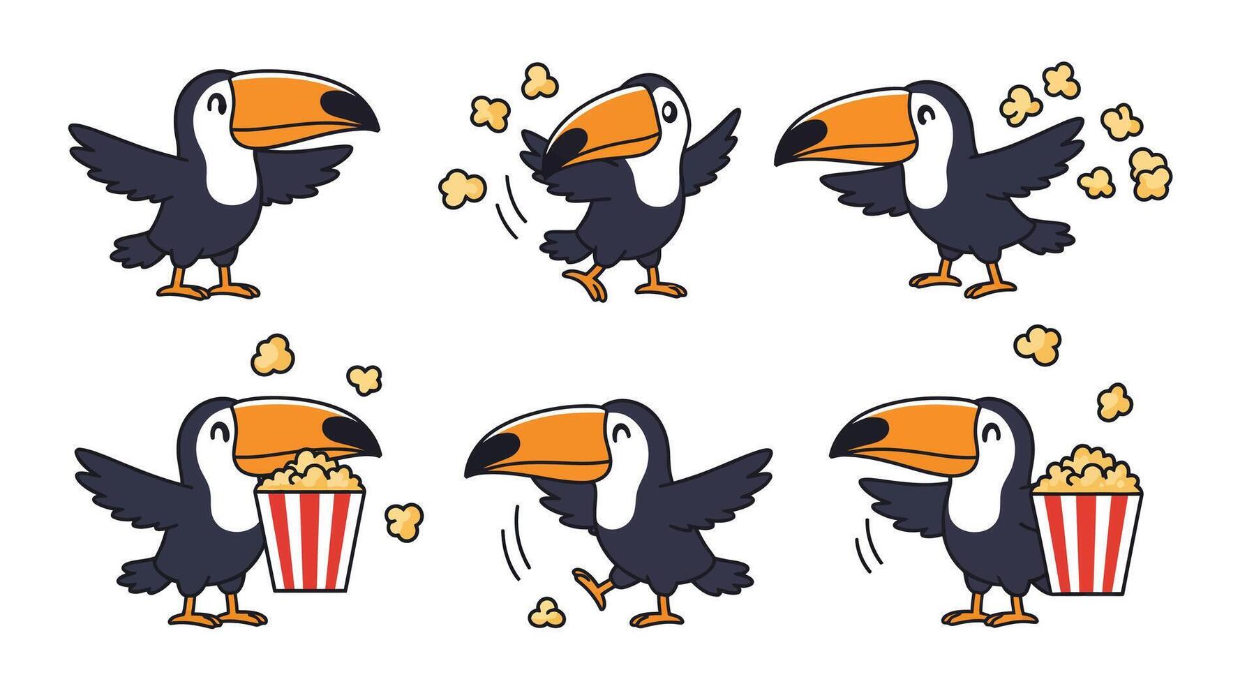 Cartoon toucan character performing playful actions in flat art style illustration vector